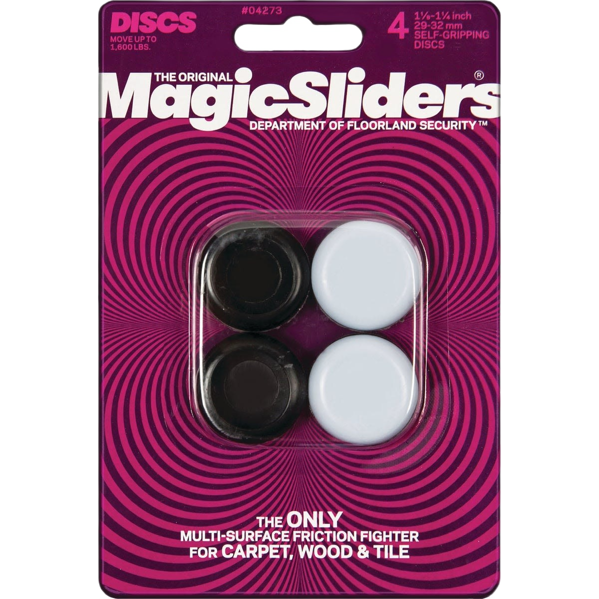 Pack of four round furniture glides with black and white grip tips for moving and protecting floors in home improvement tasks