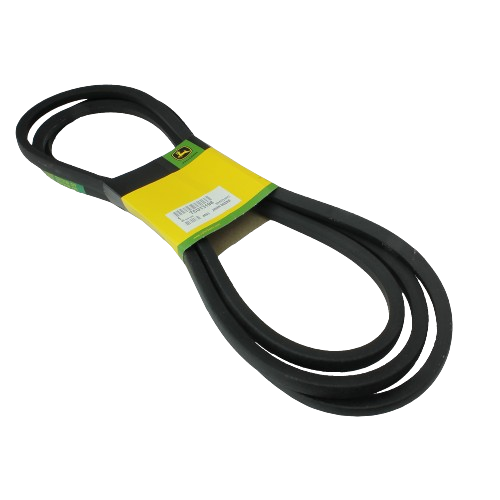 Black mower deck drive belt with yellow and green branded packaging for automotive and John Deere parts under $100 collection