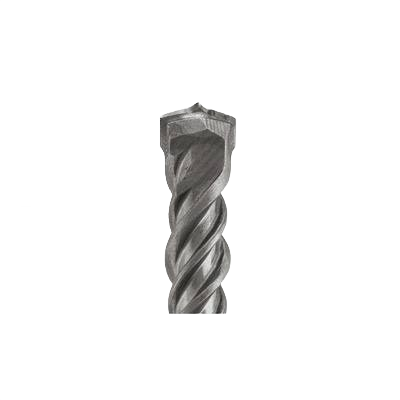Close-up of a steel rotary hammer bit with twisted flutes for concrete drilling in power tool accessories.