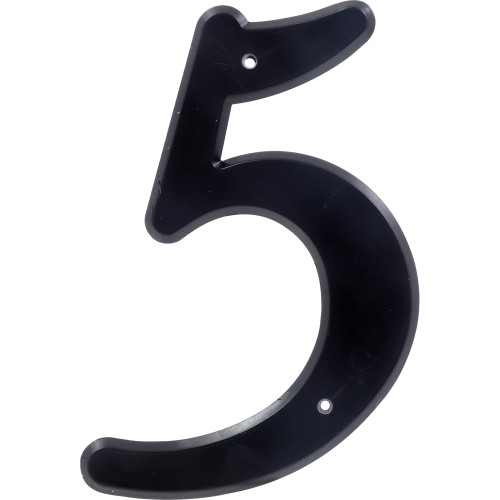 Black plastic number 5 with nail holes for easy mounting, part of signs and house numbers in hardware collections under $25.