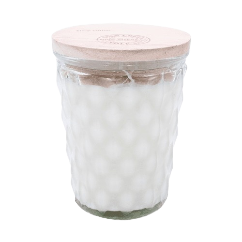 Glass jar candle with textured pattern and wooden lid designed for home ambiance and decor use