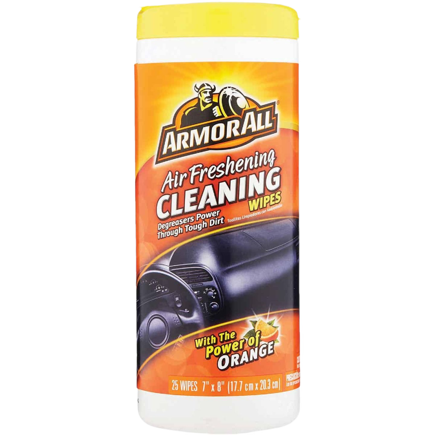 Container of Armor All air freshening cleaning wipes with orange scent for tools and home improvement use