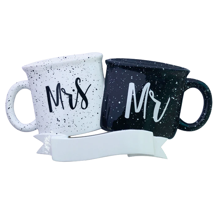 Black and white speckled mugs with "Mr" and "Mrs" lettering and customizable nameplate ornament for Christmas decor under 50 collection