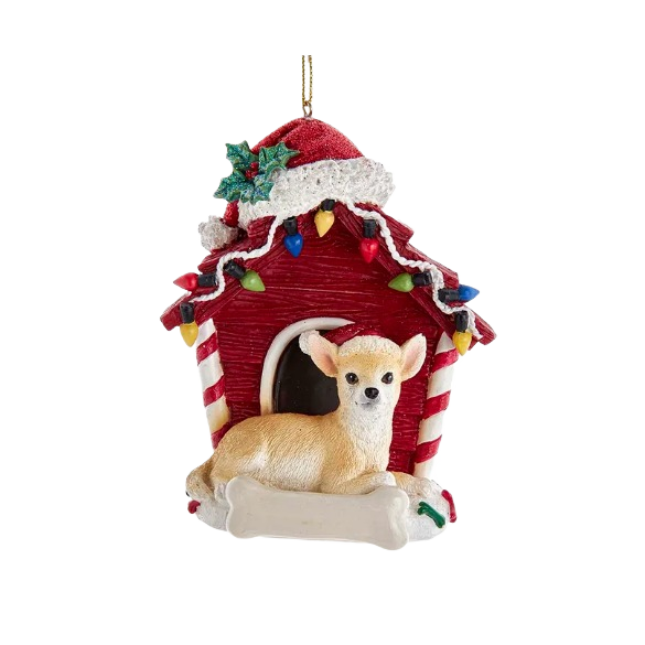 Charming ornament of a Chihuahua by a red dog house decorated with Christmas lights and holly sprig