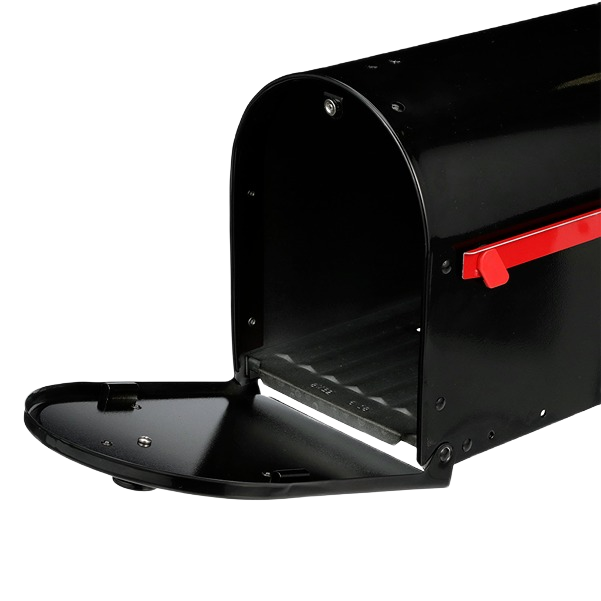Black metal mailbox with two doors, open front, and red flag for tools and home improvement use