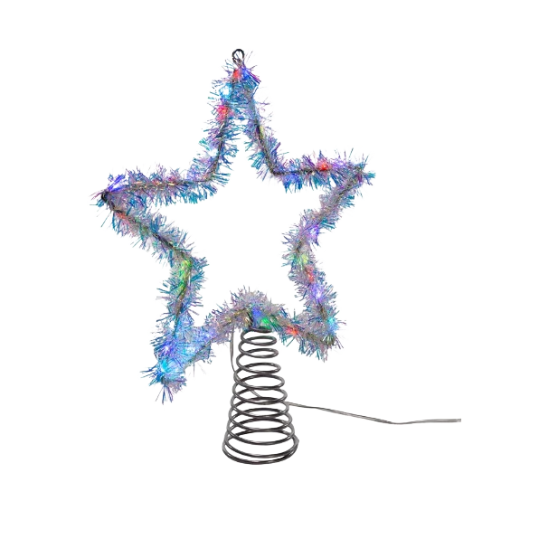 Silver tinsel star treetop illuminated with red, green, and blue LED lights for festive Christmas tree decor under $50
