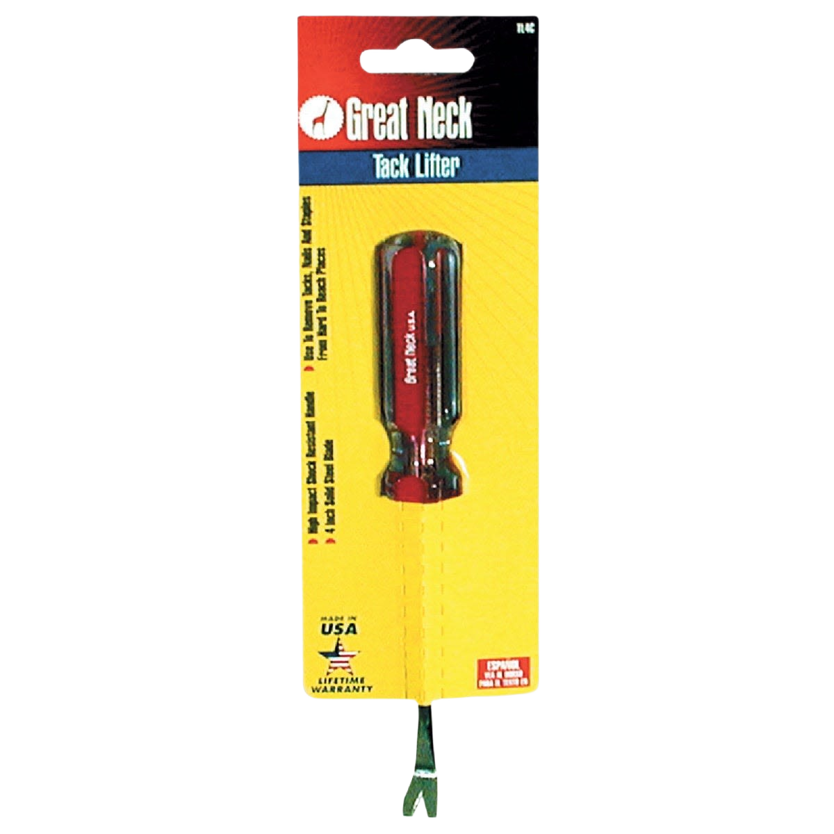 Red-handled tack lifter tool with angled metal tip for easy removal of tacks in home improvement projects