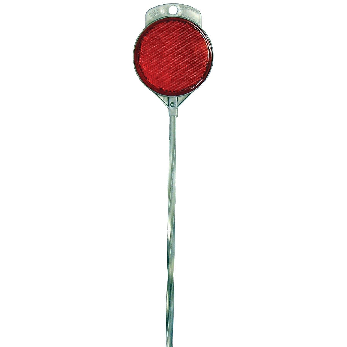 Red round reflector mounted on a sturdy aluminum rod driveway marker for home improvement and safety use