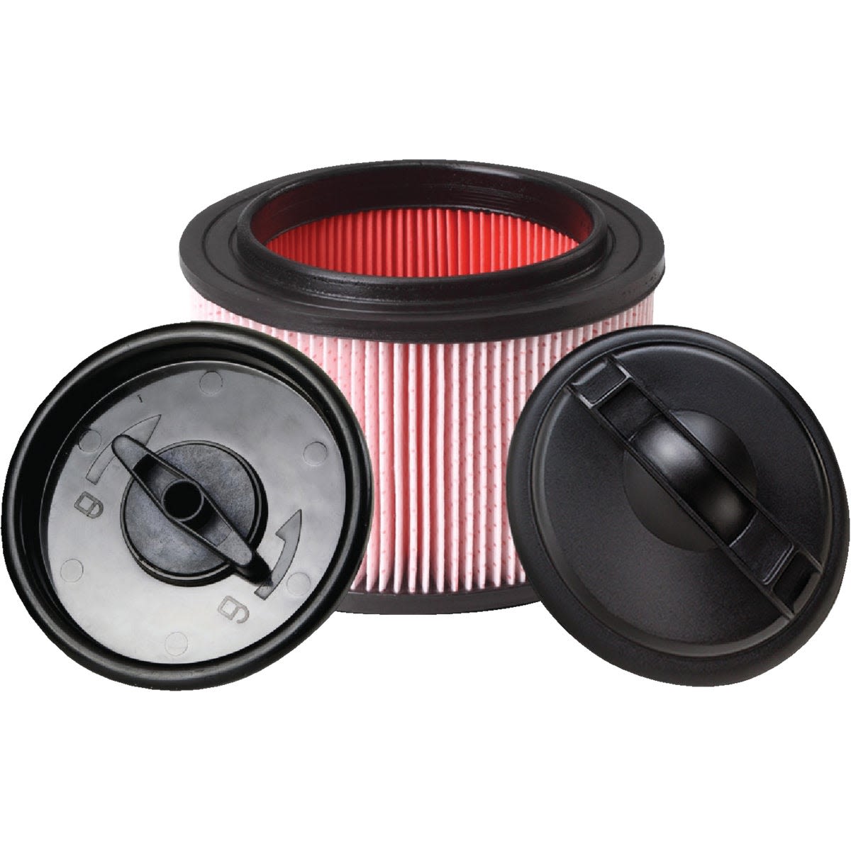 Round fine dust cartridge vacuum filter with black caps designed for tools and home improvement use