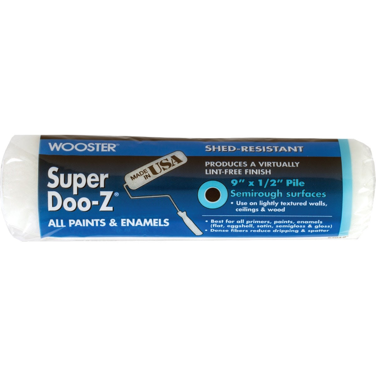 Blue and white packaged woven fabric paint roller cover for semirough surfaces in home improvement supplies