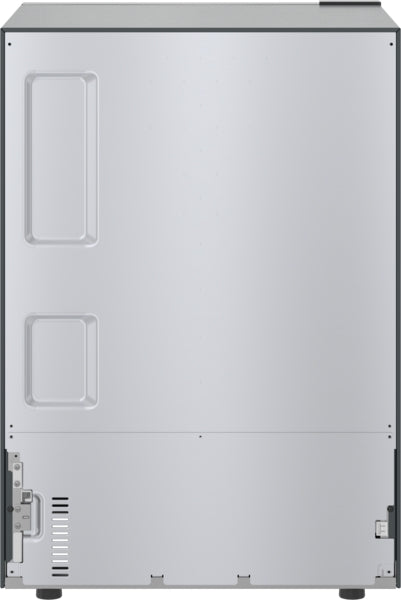 Back view of stainless steel under counter refrigeration unit with vent and utility access panel details