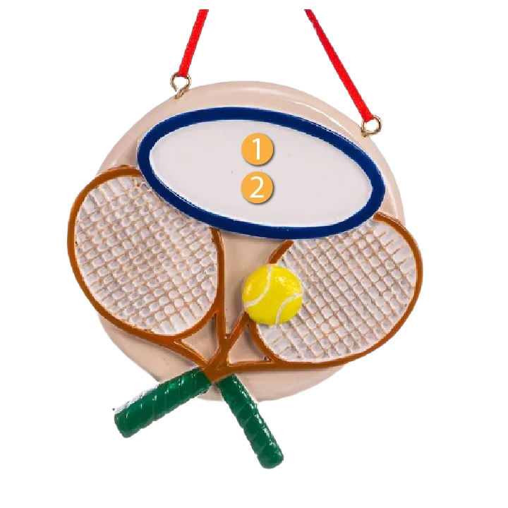Personalized tennis ornament with crossed rackets and ball, festive holiday decoration under $50 Christmas collection