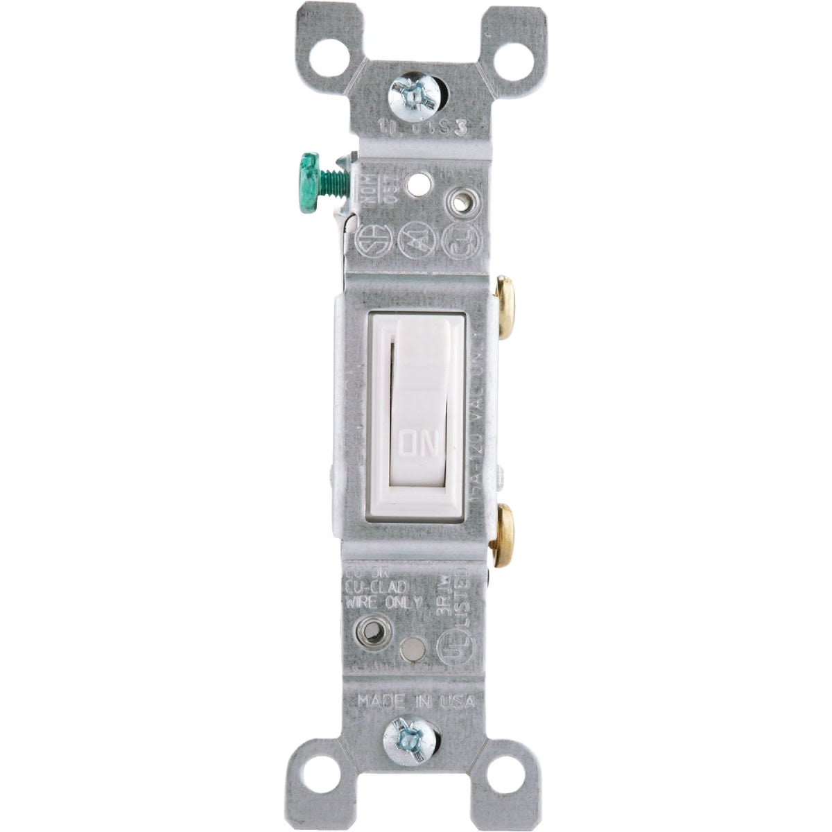 White toggle light switch with grounded metal frame for residential electrical and home improvement projects