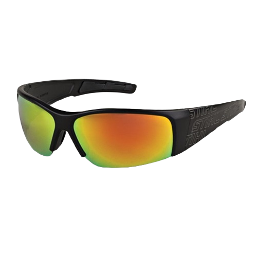 Black wraparound sunglasses with gold mirrored lenses and textured arms for outdoor use in tools and home improvement tasks