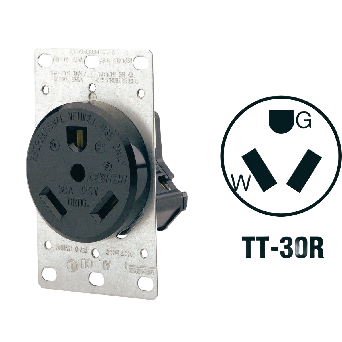 Black 30 amp female power outlet receptacle with metal mounting plate for RV and home improvement projects