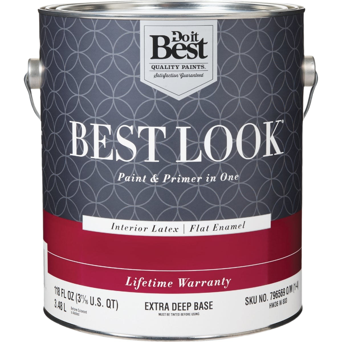 Metal paint can of gray and maroon interior latex flat enamel paint and primer for home improvement projects
