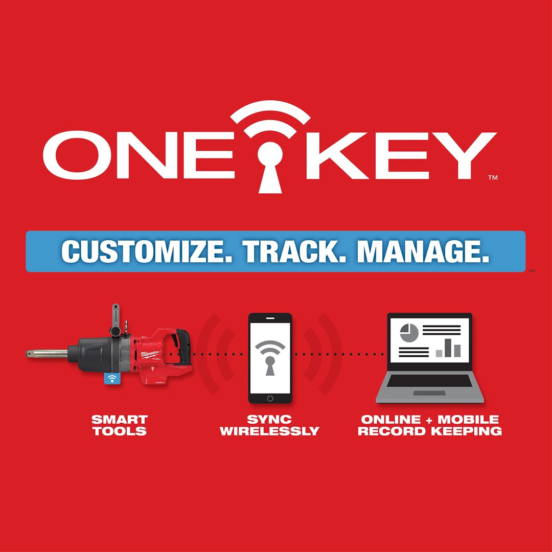 Red background graphic showing wireless syncing of smart tools with online and mobile record keeping for tool management