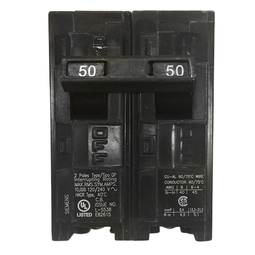 Black 2-pole circuit breaker with 50-amp rating for electrical panel use in home improvement and breakers collection