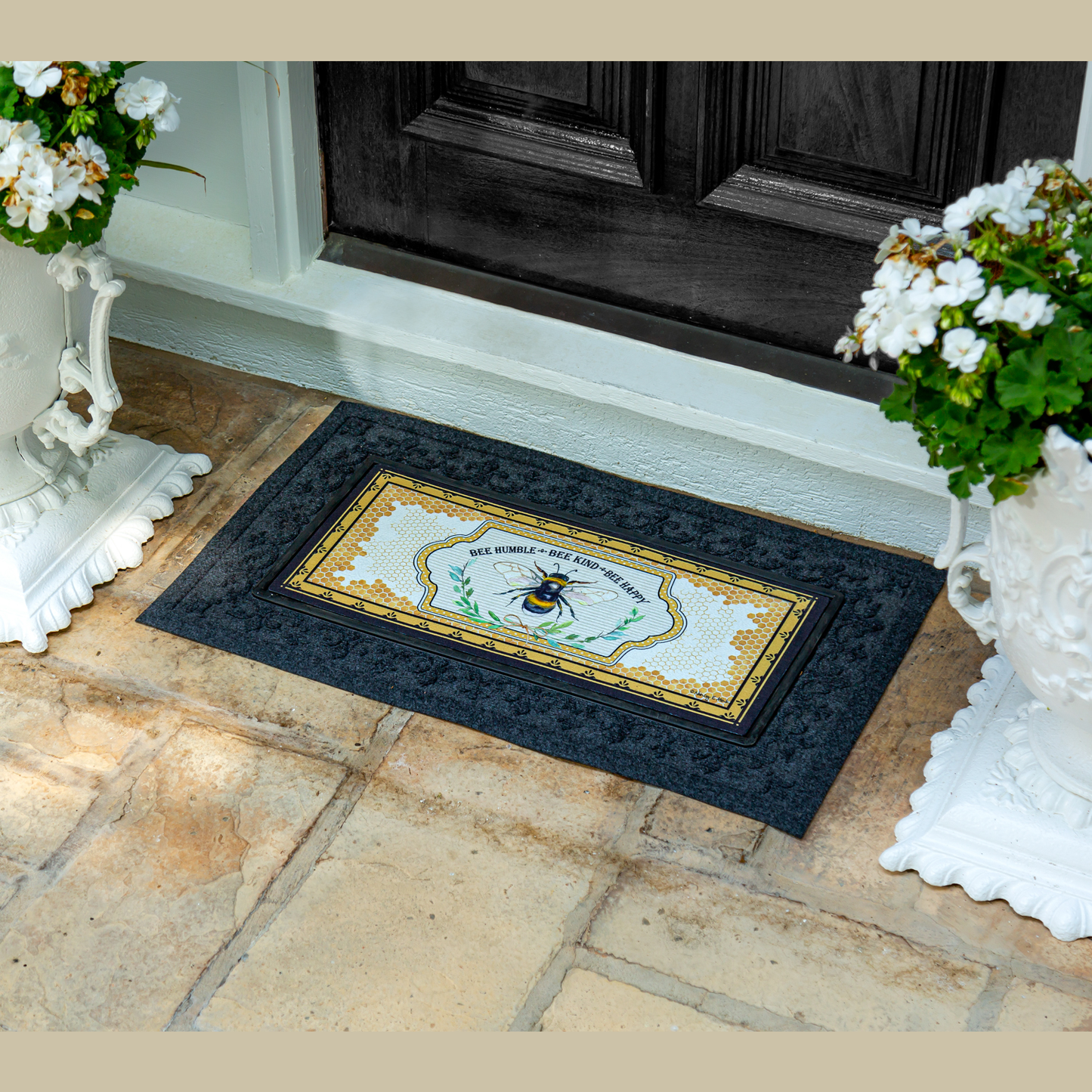 Door mat featuring a humble bee illustration with honeycomb design and floral accents for welcoming entryways