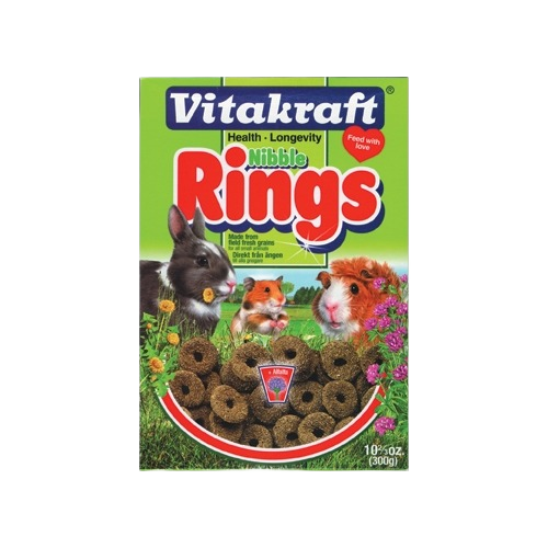 Green package of small animal treat rings with images of a rabbit, hamster, and guinea pig on the front