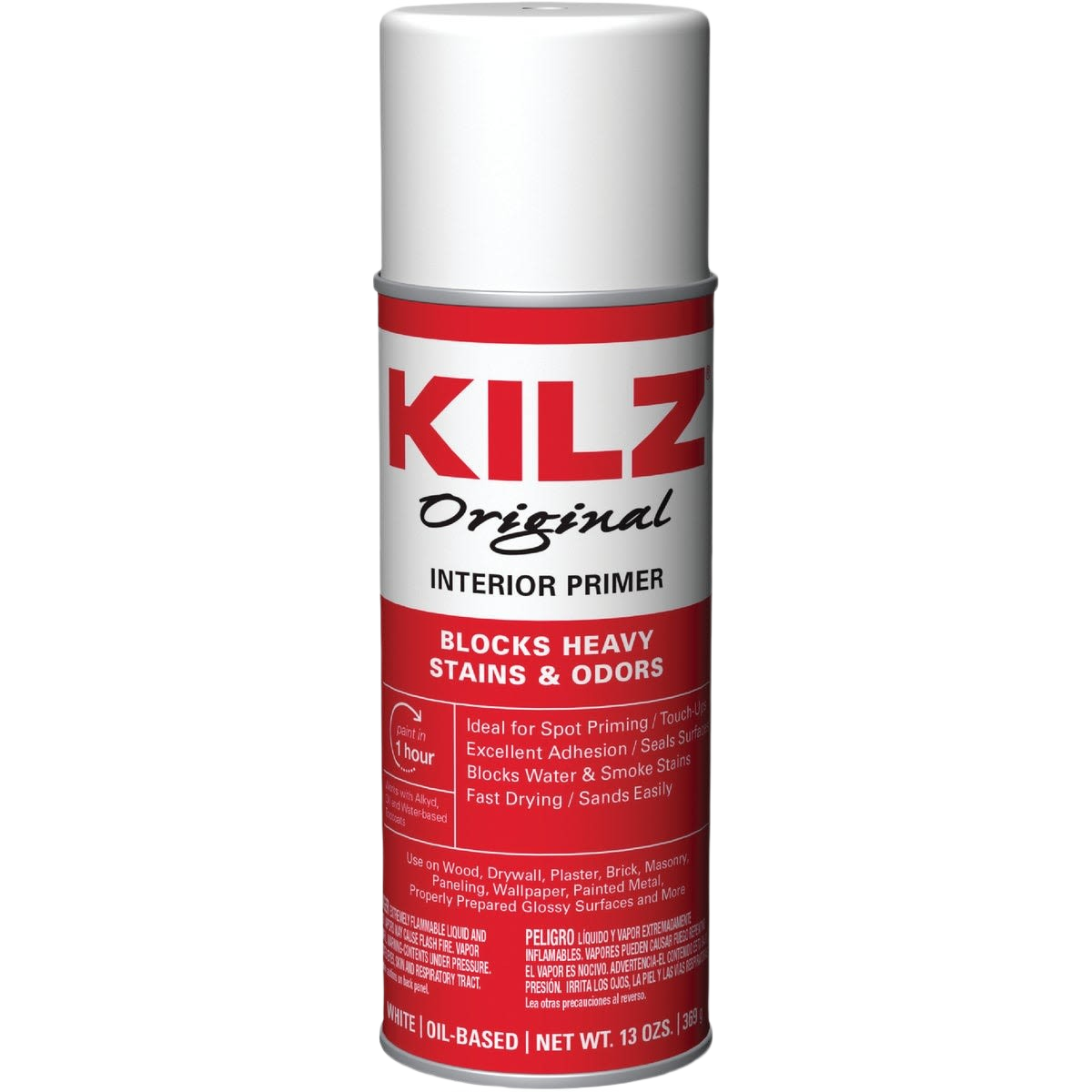 White spray primer and sealer can with red and black labeling for interior paint and home improvement collections