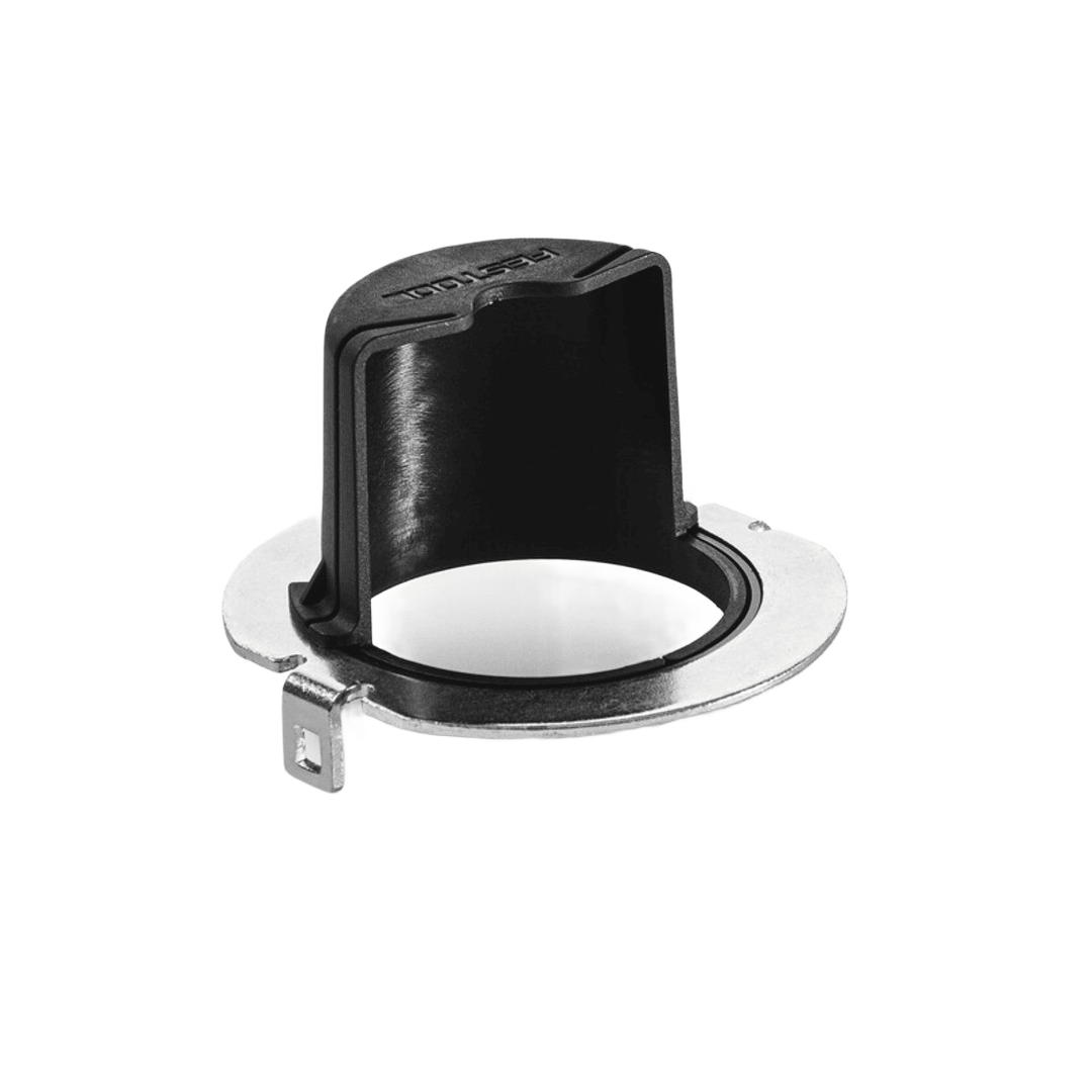 Black and metal router chip catcher accessory designed for woodworking tools and Festool router systems