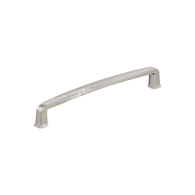 Satin nickel cabinet pull with 6-5/16 inch center-to-center measurement for hardware and furniture accessories under $50.