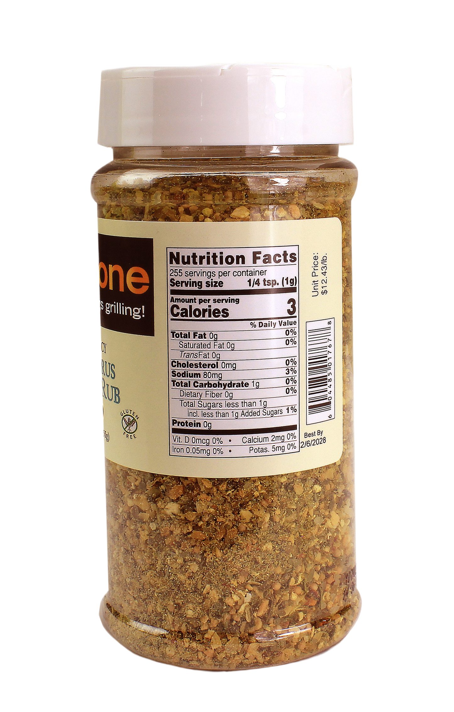Clear plastic jar of Sweet & Spicy Zesty Citrus Seafood Rub with white lid in grilling sauces and spices collection