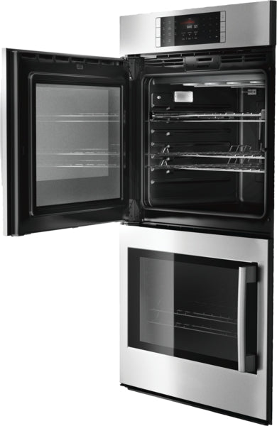 Stainless steel double wall oven with open door showing spacious interior, digital display, and multiple cooking racks