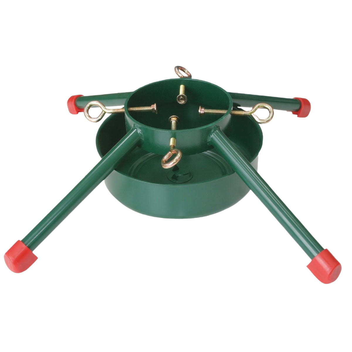 Green metal Christmas tree stand with four legs and water basin for holiday decorations and home improvement collections