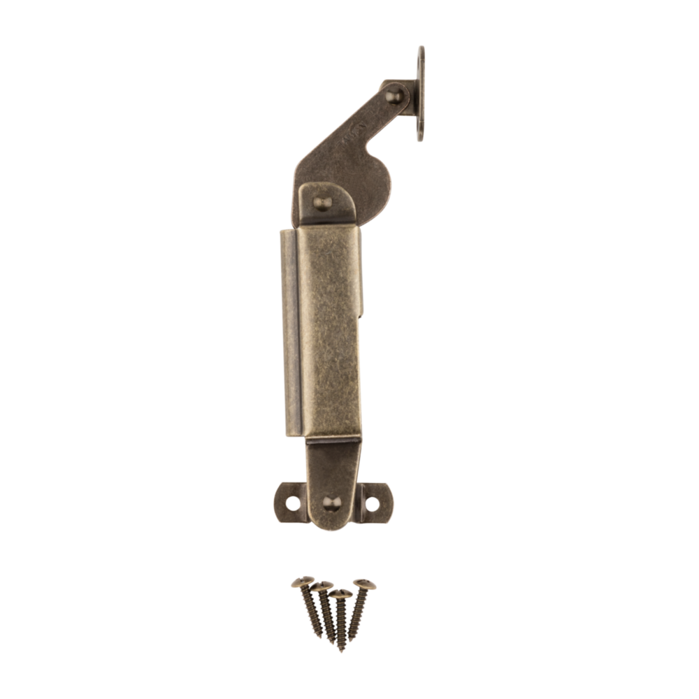 Left-handed antique brass spring lid support with mounting screws for cabinet and furniture hardware collections under $50