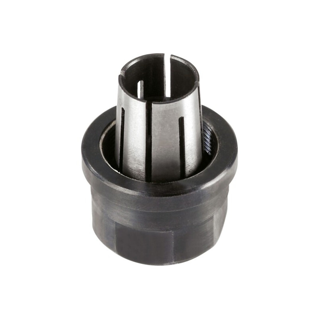 Metal router collet with black base and slotted cylindrical core for securing 8mm router bits in home improvement tools