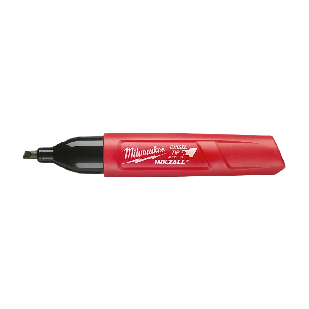 Red and black chisel tip marker designed for durable marking on rough surfaces in hand and woodworking tools collections