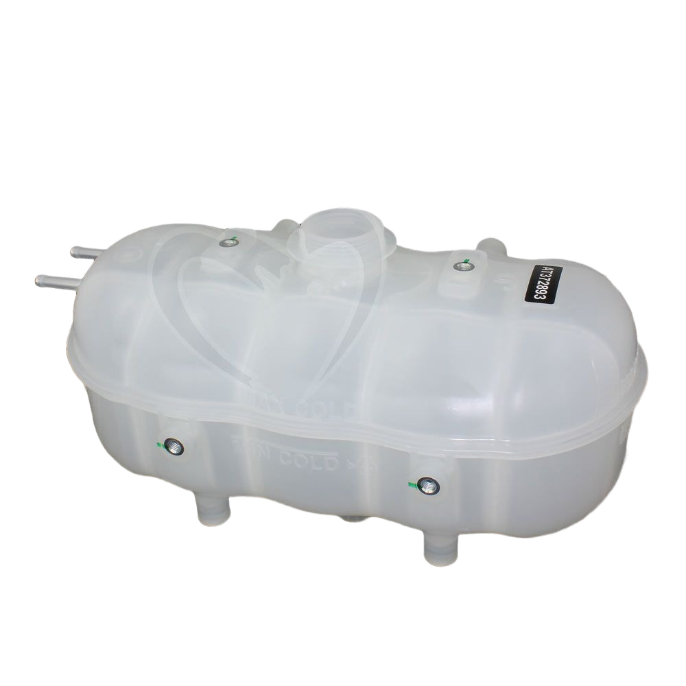 Translucent plastic surge tank with inlet and outlet ports for cooling systems in home improvement tools