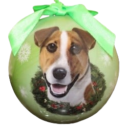 Green Christmas ball ornament featuring a Jack Russell dog with festive wreath and ribbon in holiday decoration collection