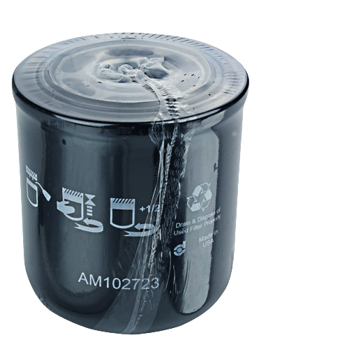 Black cylindrical oil filter with white instructional icons and part number for automotive and machinery use collections