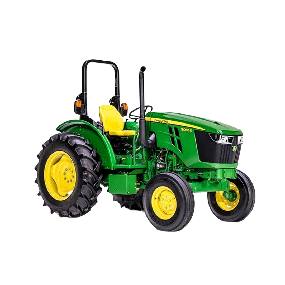 Green and yellow utility tractor with roll bar and large treaded rear tires for agricultural and home improvement tasks