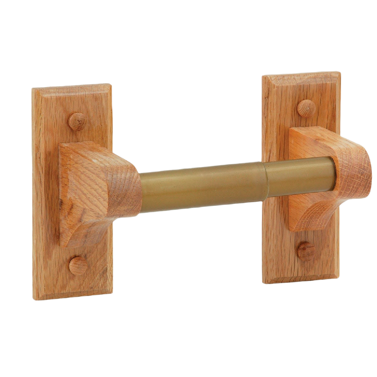 Wall-mounted oak toilet paper holder with brass-finish bar for home improvement and bathroom organization