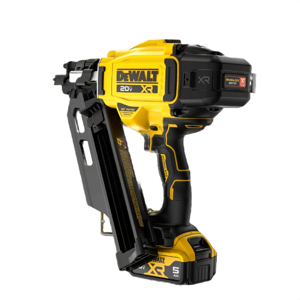 Yellow and black cordless framing nailer with brushless motor and angled magazine for home improvement tasks