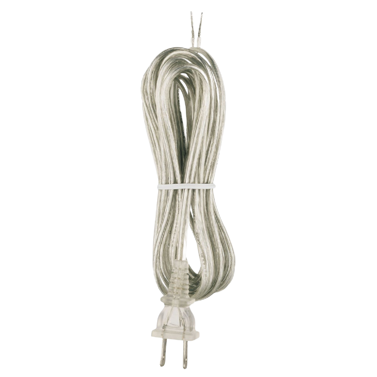 Coiled clear silver lamp cord with polarized plug for use in lighting, electrical, and lamp accessory projects