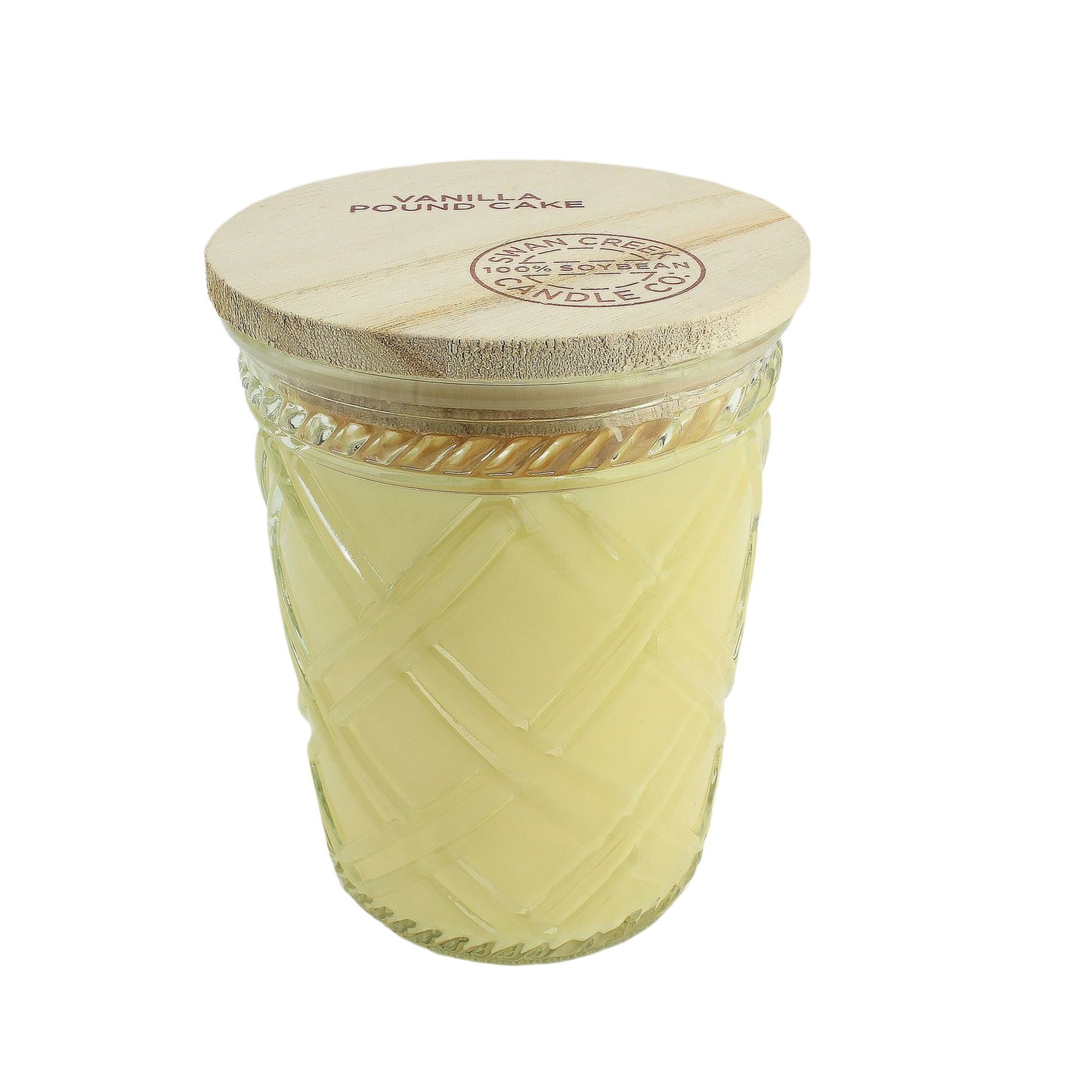 Glass jar candle with a wooden lid and textured design, scented with vanilla pound cake fragrance