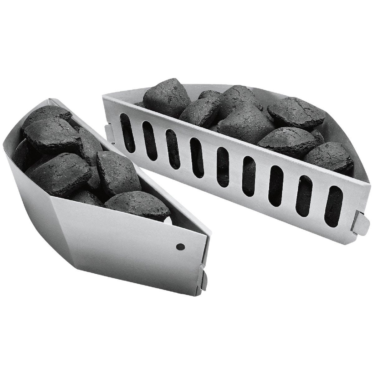 Pair of aluminized steel charcoal holders filled with briquettes for grilling accessories and outdoor cooking collections