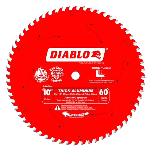 Red 10-inch thick aluminum saw blade with 60 teeth for precision cutting in woodworking tools collection
