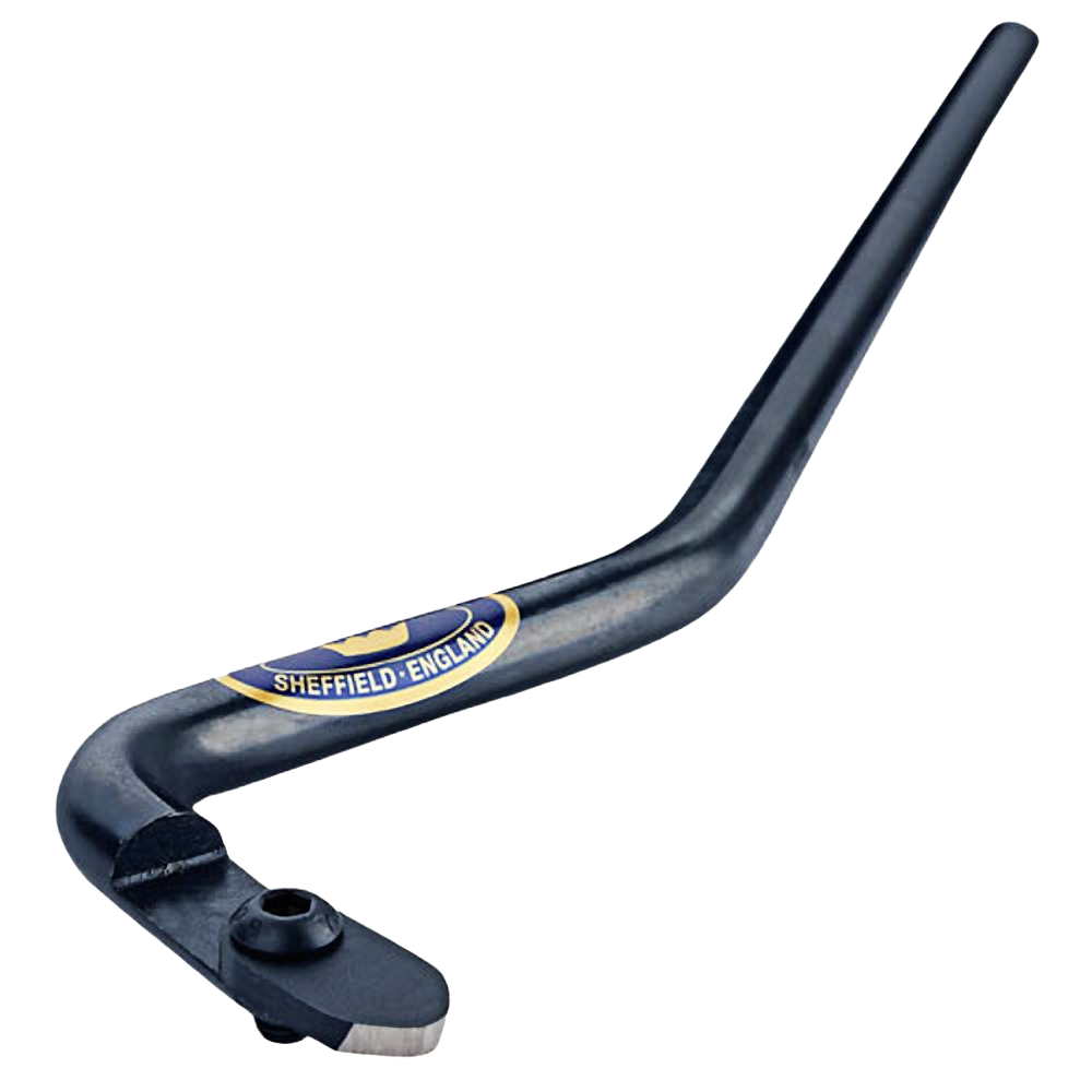 Swan neck woodworking scraper blade with ergonomic handle for hollow vessel shaping in home improvement tools collection