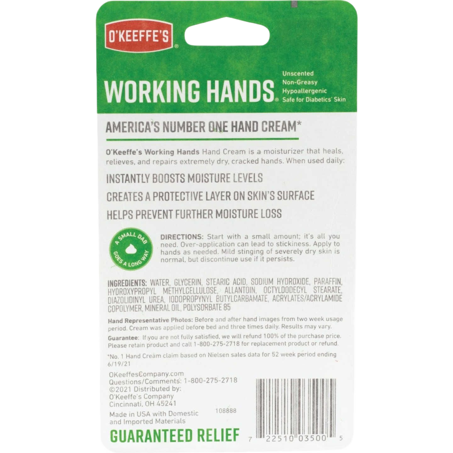 Back of green packaging for hand cream promoting moisture boost and skin protection in Health & Beauty and Skin Care collections