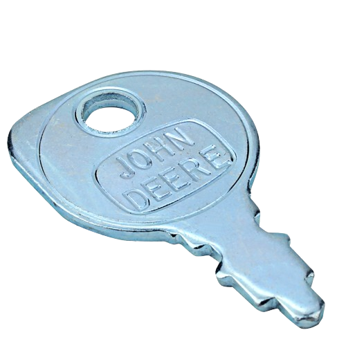 Metal ignition key with embossed John Deere logo for automotive and tractor equipment accessories and parts
