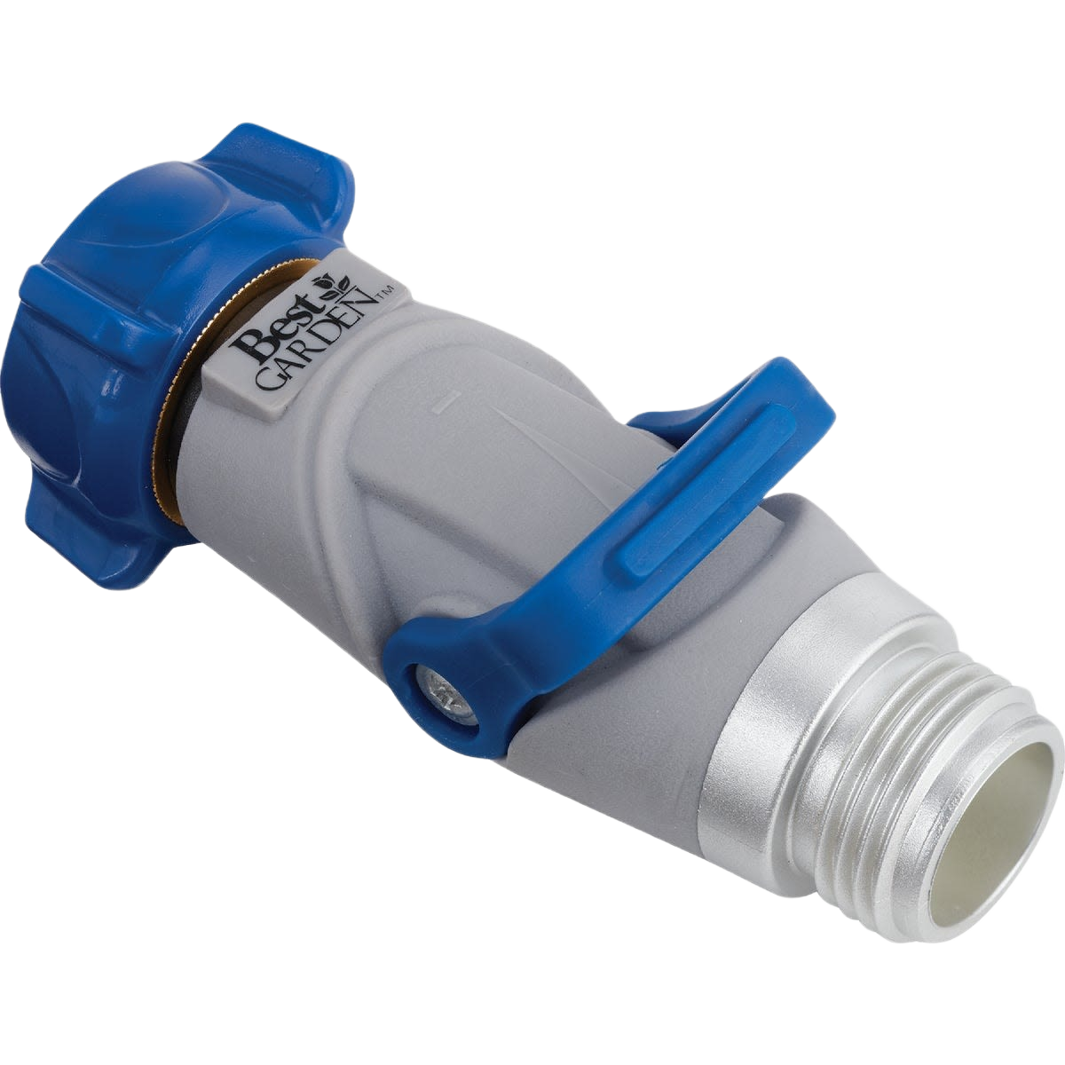 Plastic garden hose shutoff valve with thumb control and metal threaded end for watering and irrigation use.