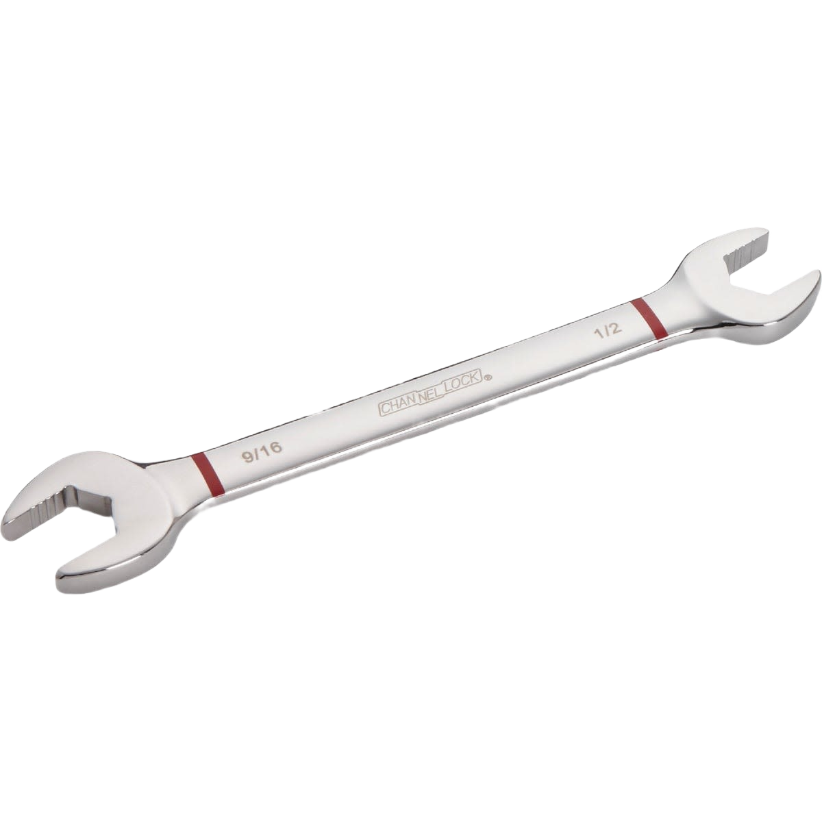 Polished steel double-ended wrench with 9/16 and 1/2 inch openings for tools and home improvement tasks