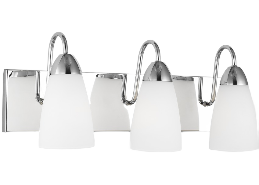 Chrome finished 3-light bathroom wall fixture with etched glass shades for vanity and wall lighting applications