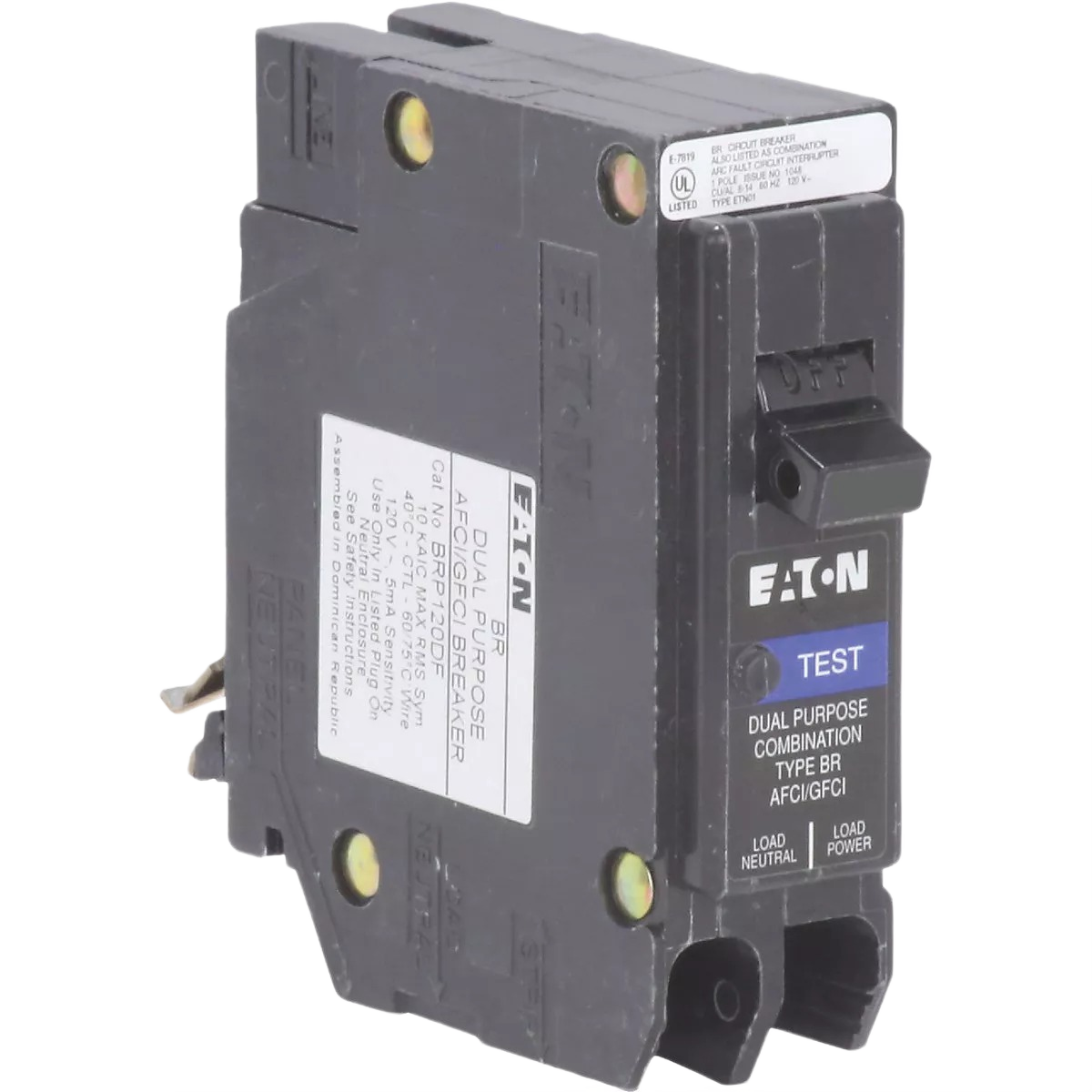 Black single-pole circuit breaker with test button for electrical safety in home improvement and breakers under $100 collections